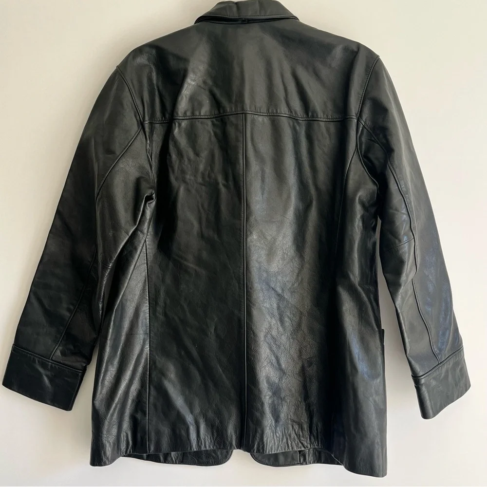 J. Crew Black Leather Car Coat Men's M Button-Up Collar Pockets Lightly Lined